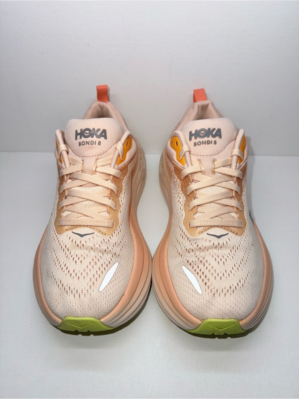 Hoka One One Bondi 8 Women's Running Shoes - Peach with Coral & Lime Accents - Picture 3 of 7